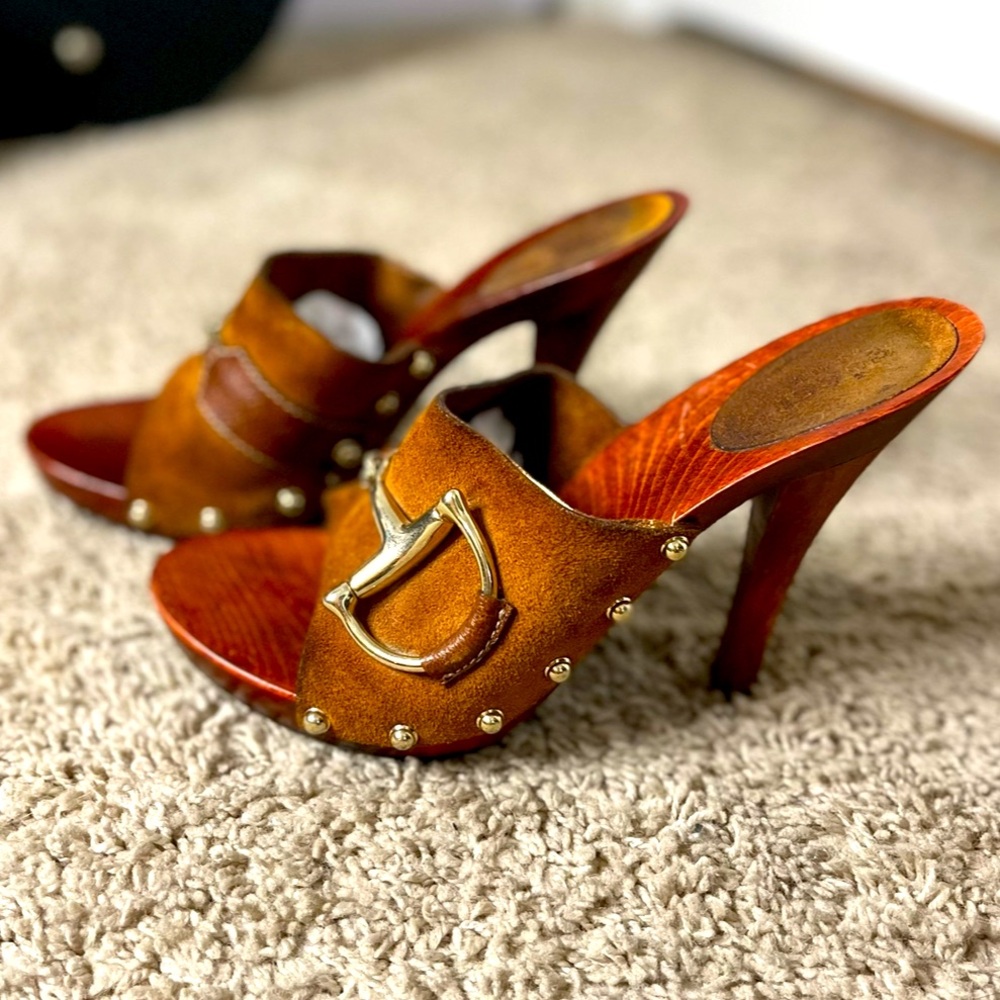 Gucci Suede Antigua Wood Heel Gold Studded Horsebit Clog Size 8
